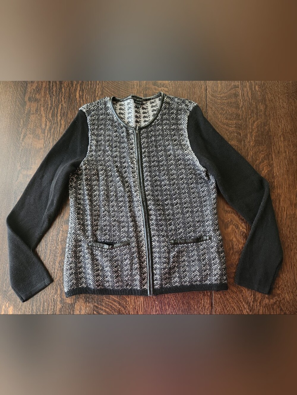 Talbots Black White Wool Zip-Front Cardigan Set with Black Trim Size Med EUC $29